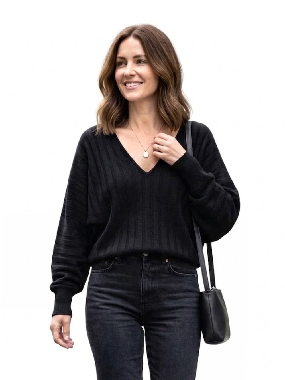 Catherine Malandrino Oversized V-Neck Ribbed Knit Sweater, Black, Womens Size S